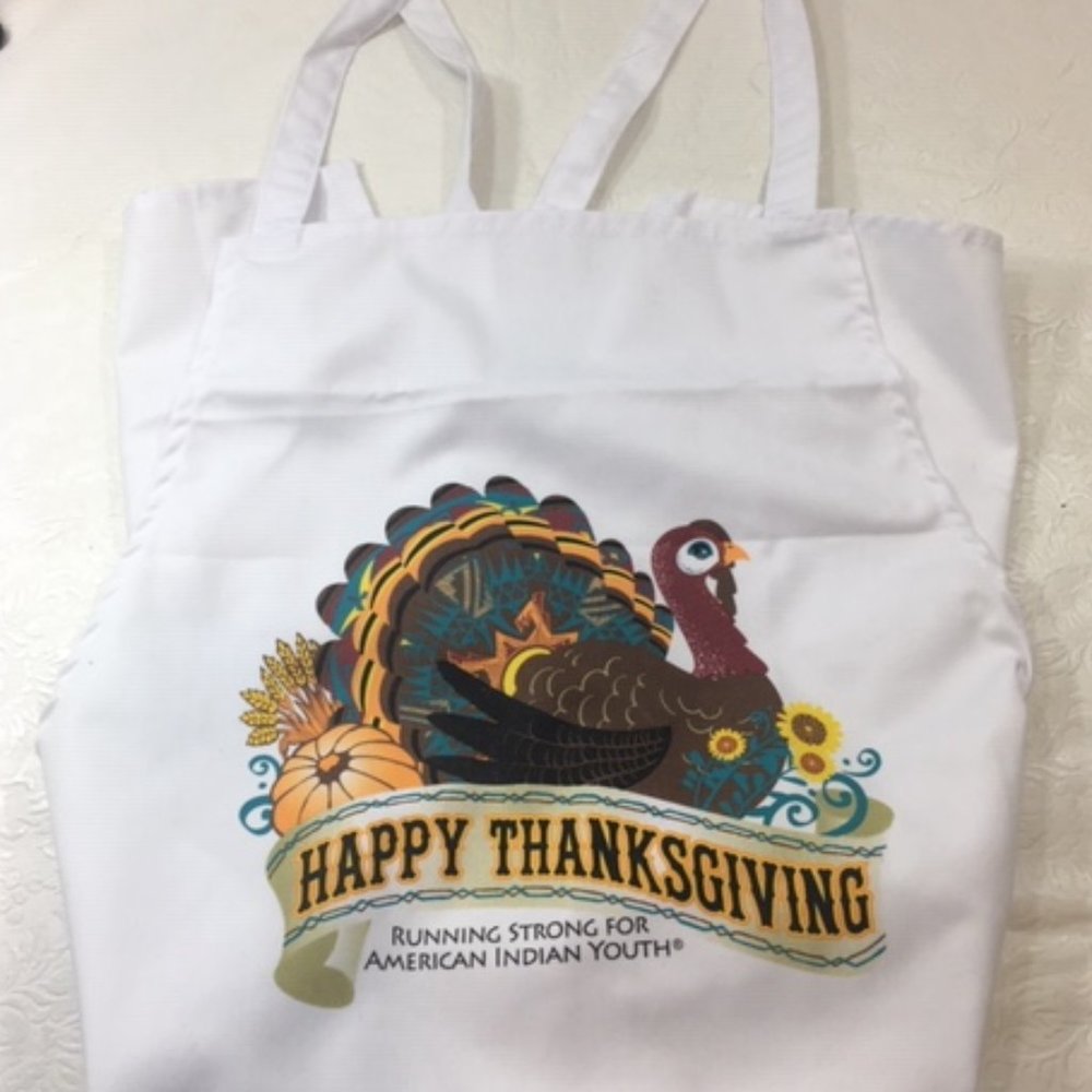 Apron Happy Thanksgiving Waist Tie Back White Cotton 26.5" x 28" NEW